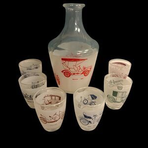 Vtg CAR Decanter Multi Color 6 Shot Glass Set Service‎ Liqueur Luminarc France